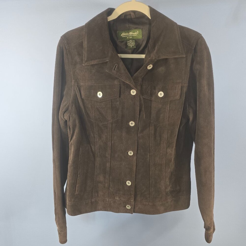 Eddie Bauer Woman's 100% Genuine Leather Jacket Trucker Coat Brown Size M
